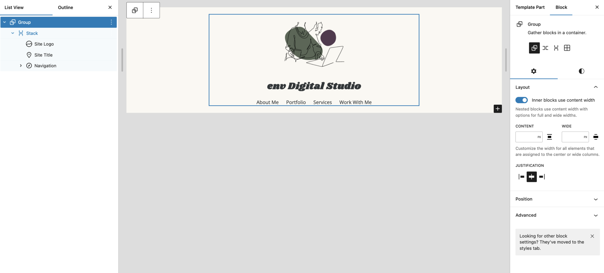 An image of the WordPress Block Editor and each block included to build this site's header section.