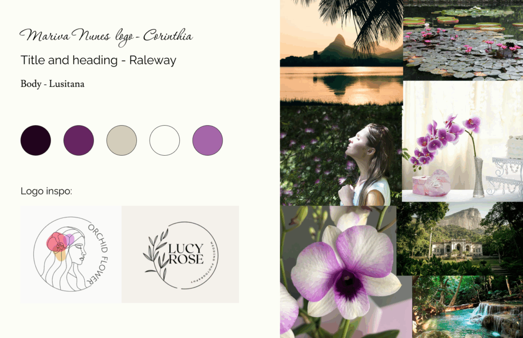 Moodboard for Mariva Nunes branding and design with images and font choices.