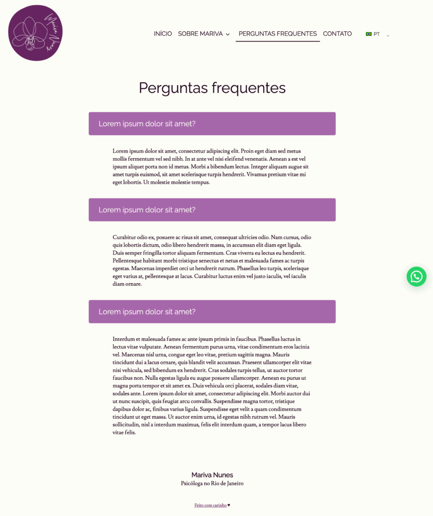 An FAQ page using placeholder text with brightly colored questions, highlighted in purple.